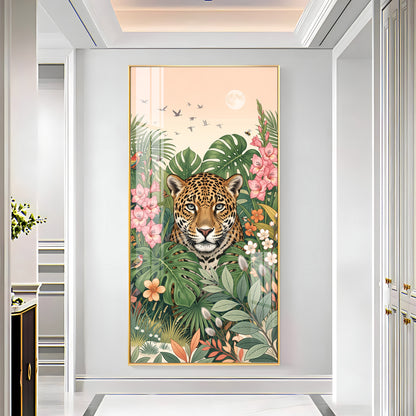 Tropical Jungle Leopard & Floral Leaves Premium Acrylic Vertical Wall Art
