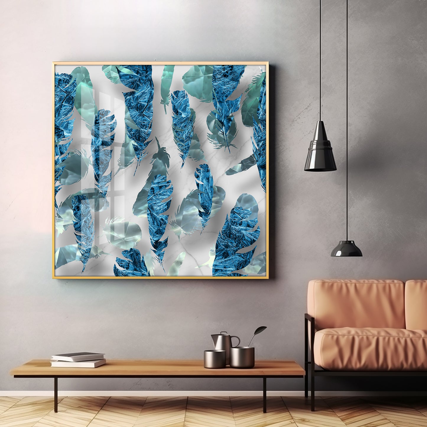 Elegant Blue Feather Premium Acrylic Square Wall Art