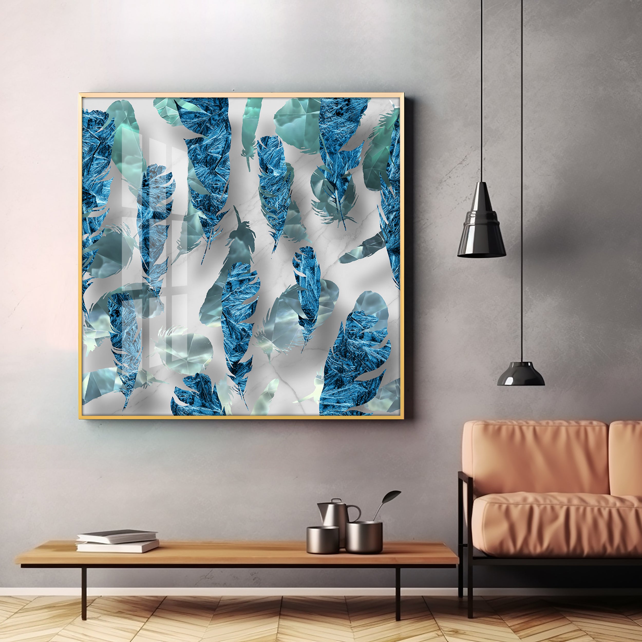 Elegant Blue Feather Premium Acrylic Square Wall Art