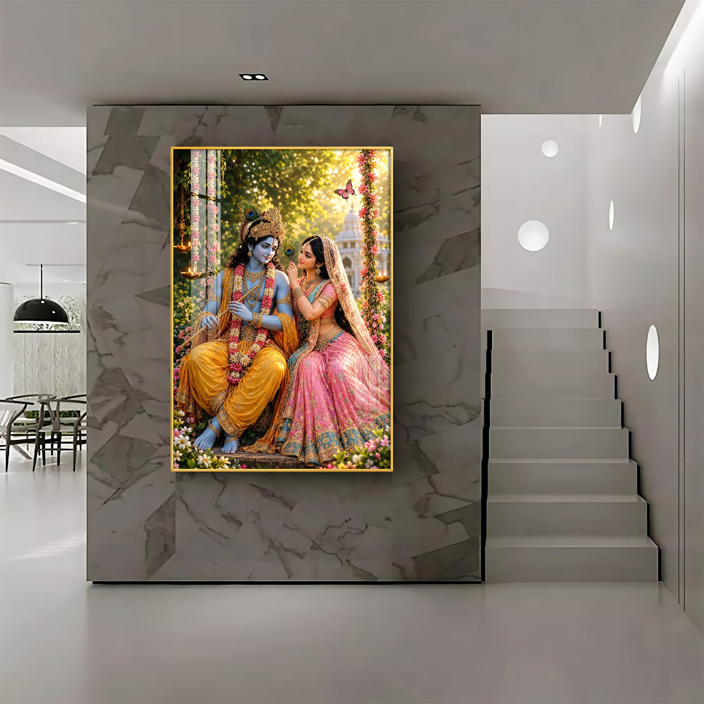 Lord Krishna Holding A Flute With Radha Premium Acrylic Vertical Wall Art