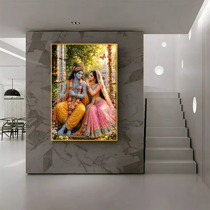 Lord Krishna Holding A Flute With Radha Premium Acrylic Vertical Wall Art