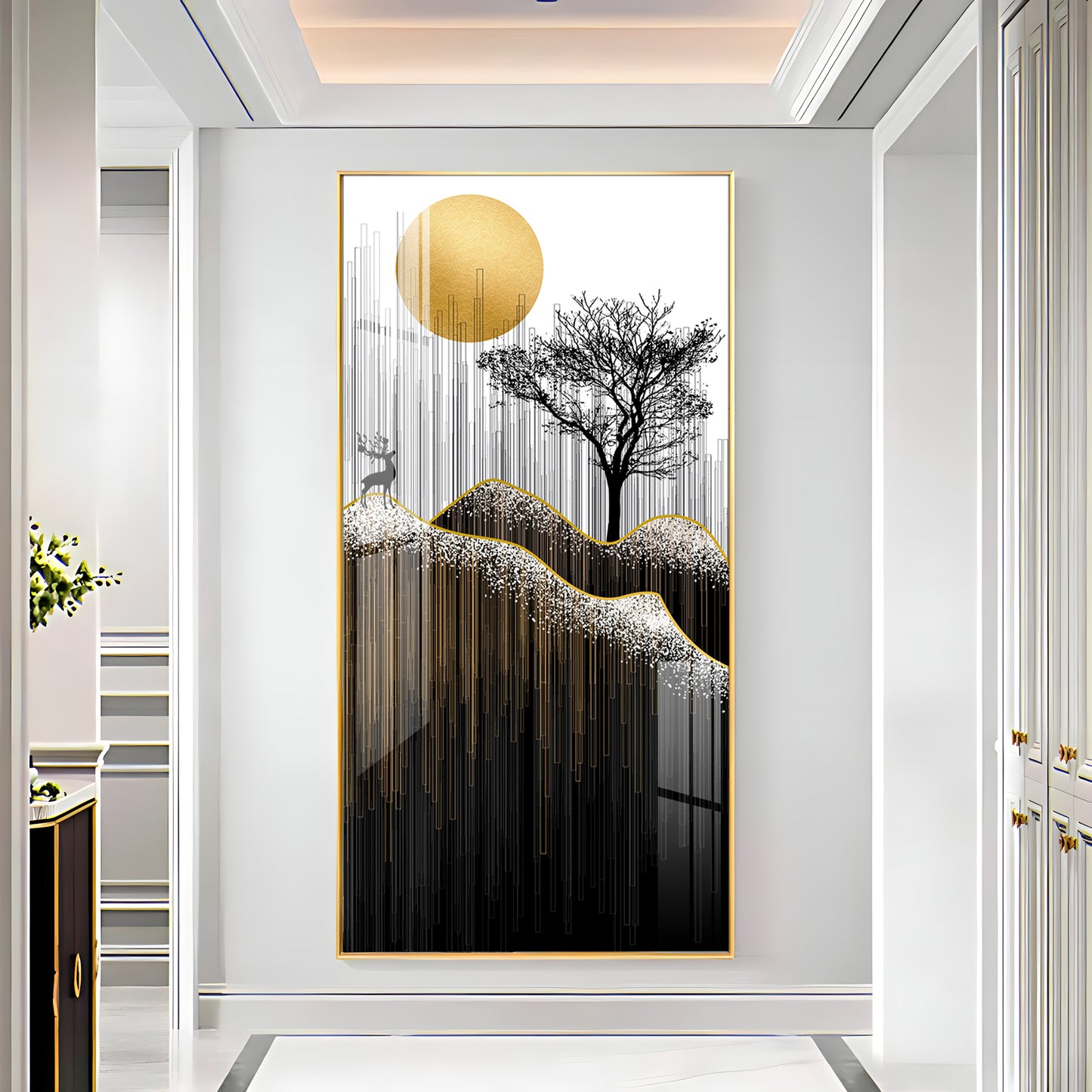 Gold Moon Stylized Black Tree Premium Acrylic Vertical Wall Art