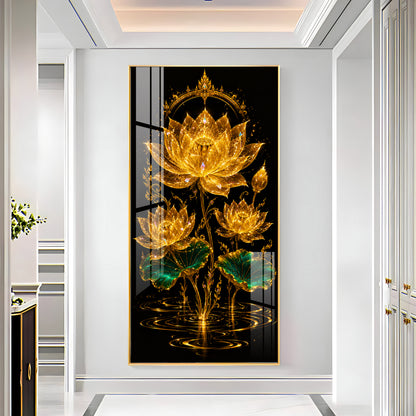 Sacred Golden Lotus Bloom Premium Acrylic Vertical Wall Art