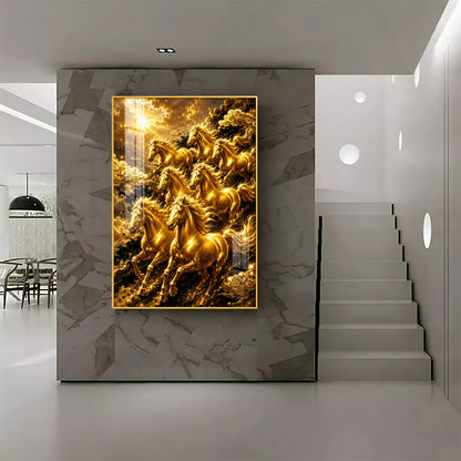 Golden Seven Horses Premium Acrylic Vertical Wall Art