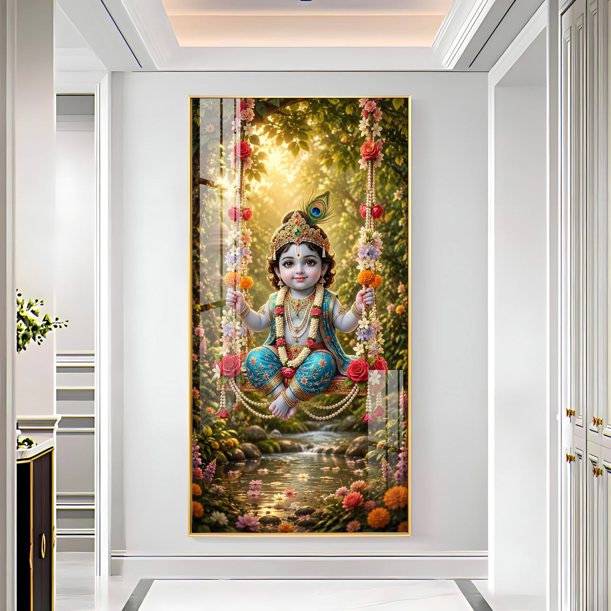 Divine Bal Krishna In Jhula Premium Acrylic Vertical Wall Art