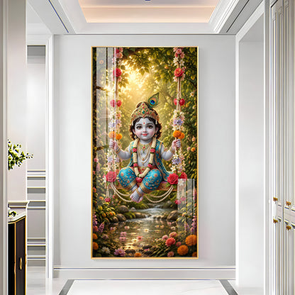 Divine Bal Krishna In Jhula Premium Acrylic Vertical Wall Art