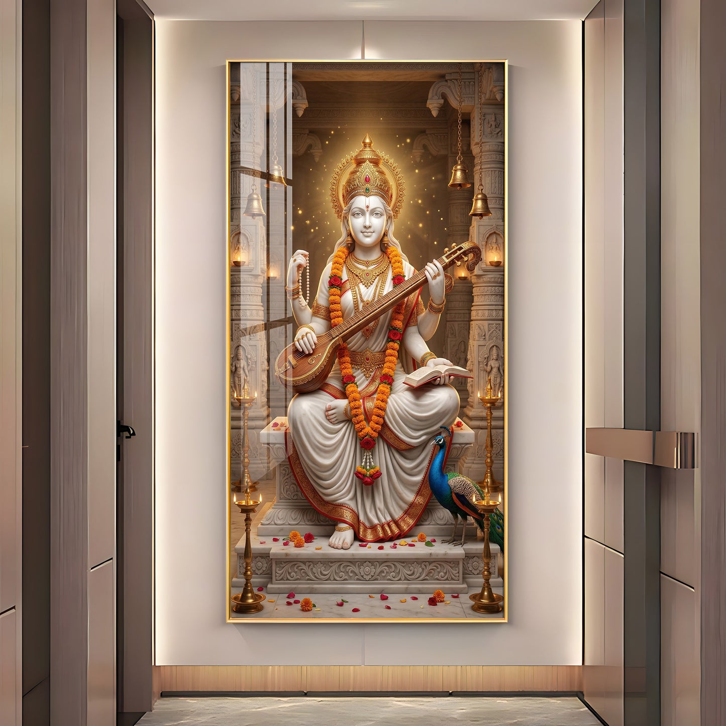 Divine Harmony Of Saraswati Maa Premium Acrylic Vertical Wall Art