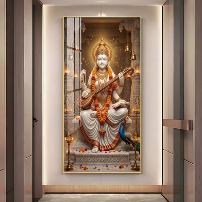 Divine Harmony Of Saraswati Maa Premium Acrylic Vertical Wall Art