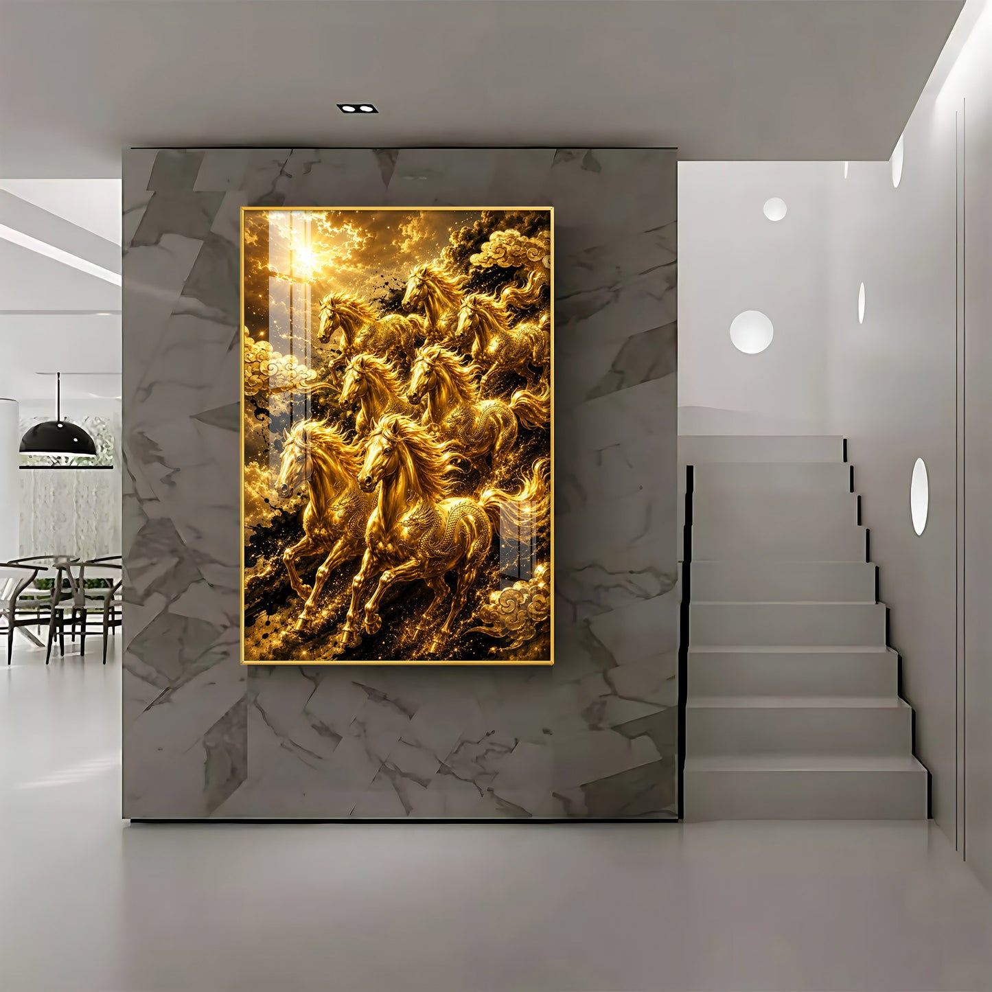 Golden Seven Horses Premium Acrylic Vertical Wall Art
