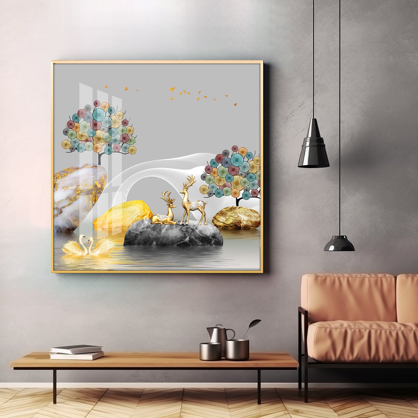 Couple Of Deer & Swan Premium Acrylic Square Wall Art
