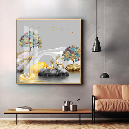 Couple Of Deer & Swan Premium Acrylic Square Wall Art