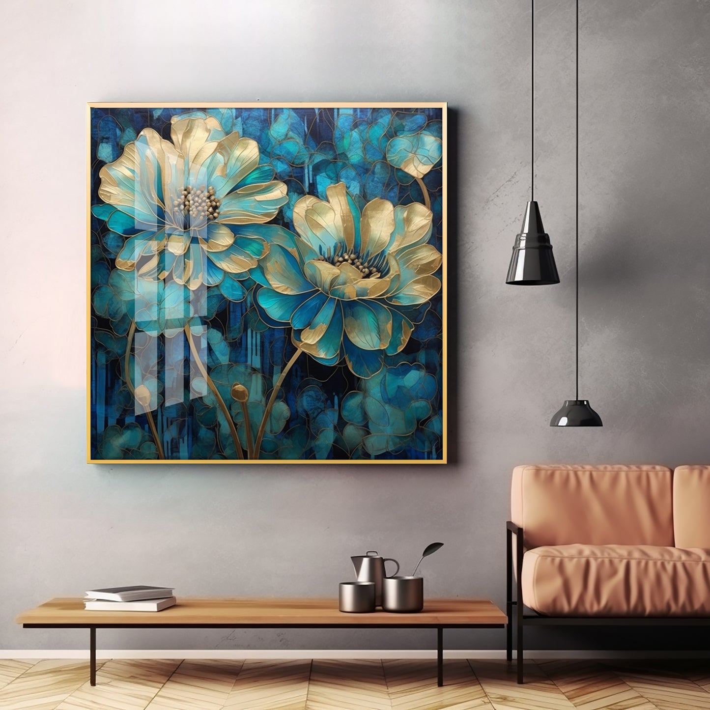 Flowers With Gold & Blue Leaves Premium Acrylic Square Wall Art