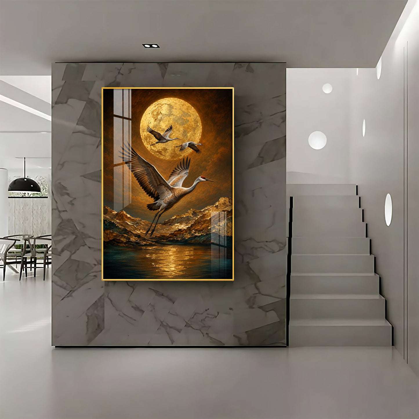 Golden Moon & Flying Cranes Premium Acrylic Vertical Wall Art
