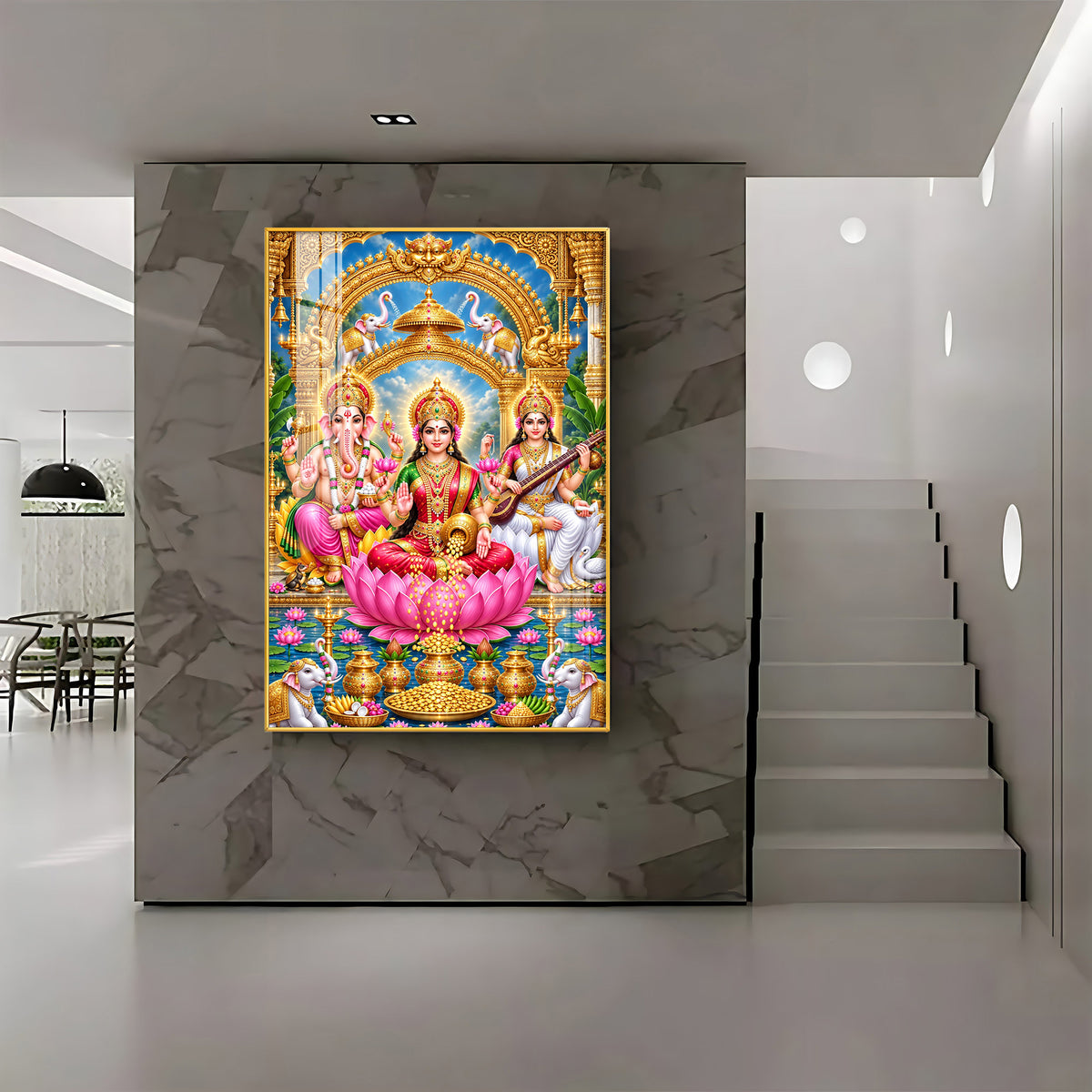 Divine Goddess Lakshmi, Lord Ganesha and Goddess Saraswati Premium Acrylic Vertical Wall Art