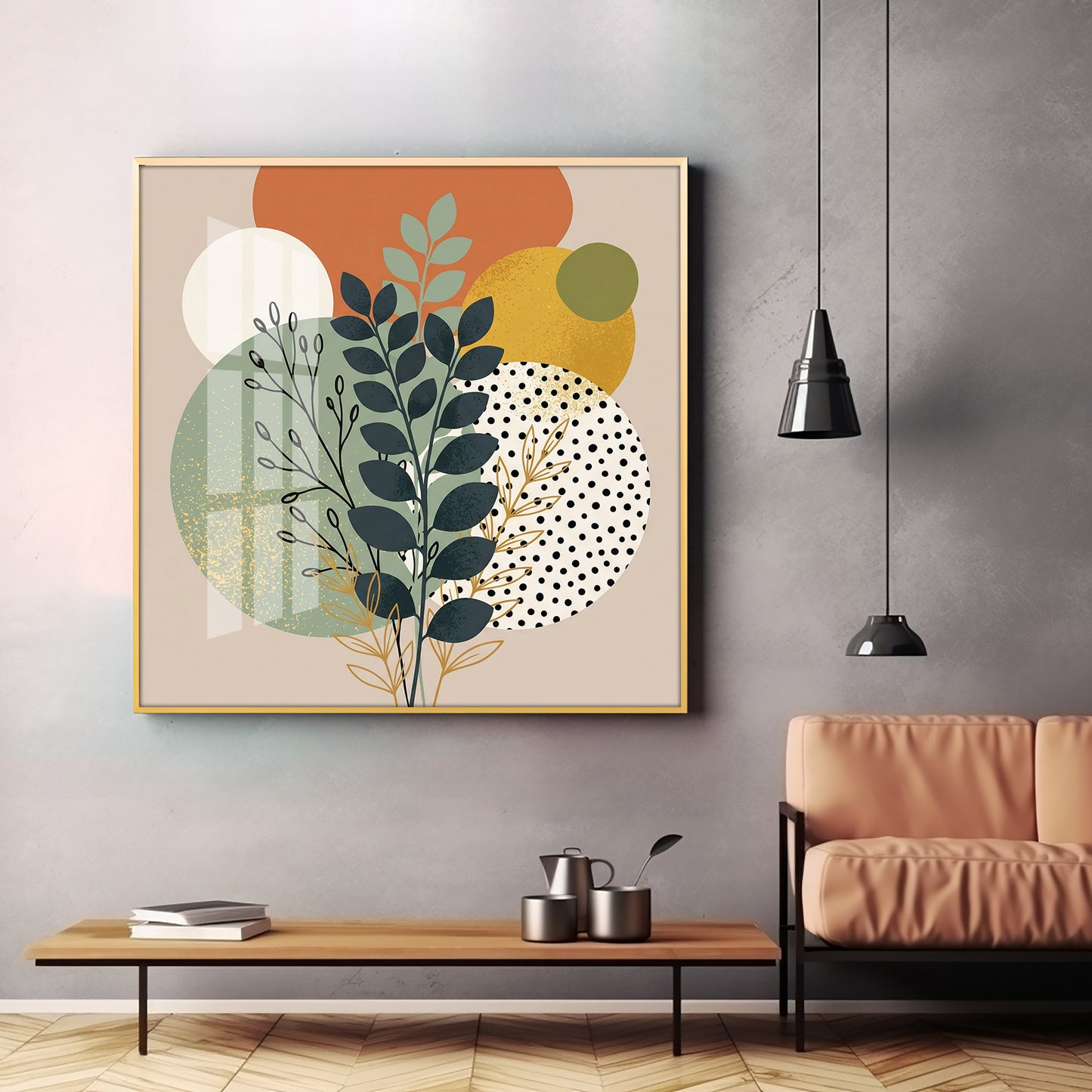 Leafy Branches Geometric Shapes Premium Acrylic Square Wall Art