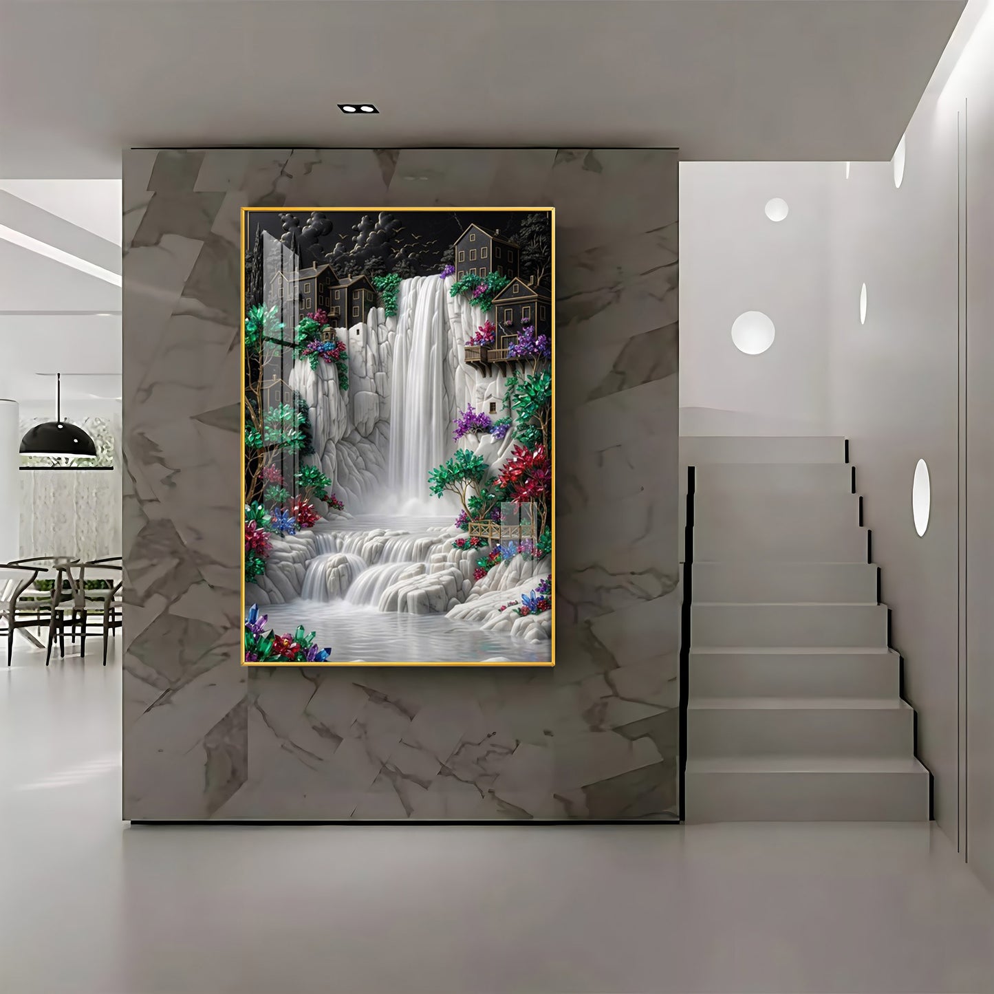 Waterfall Surrounded By Houses Premium Acrylic Vertical Wall Art