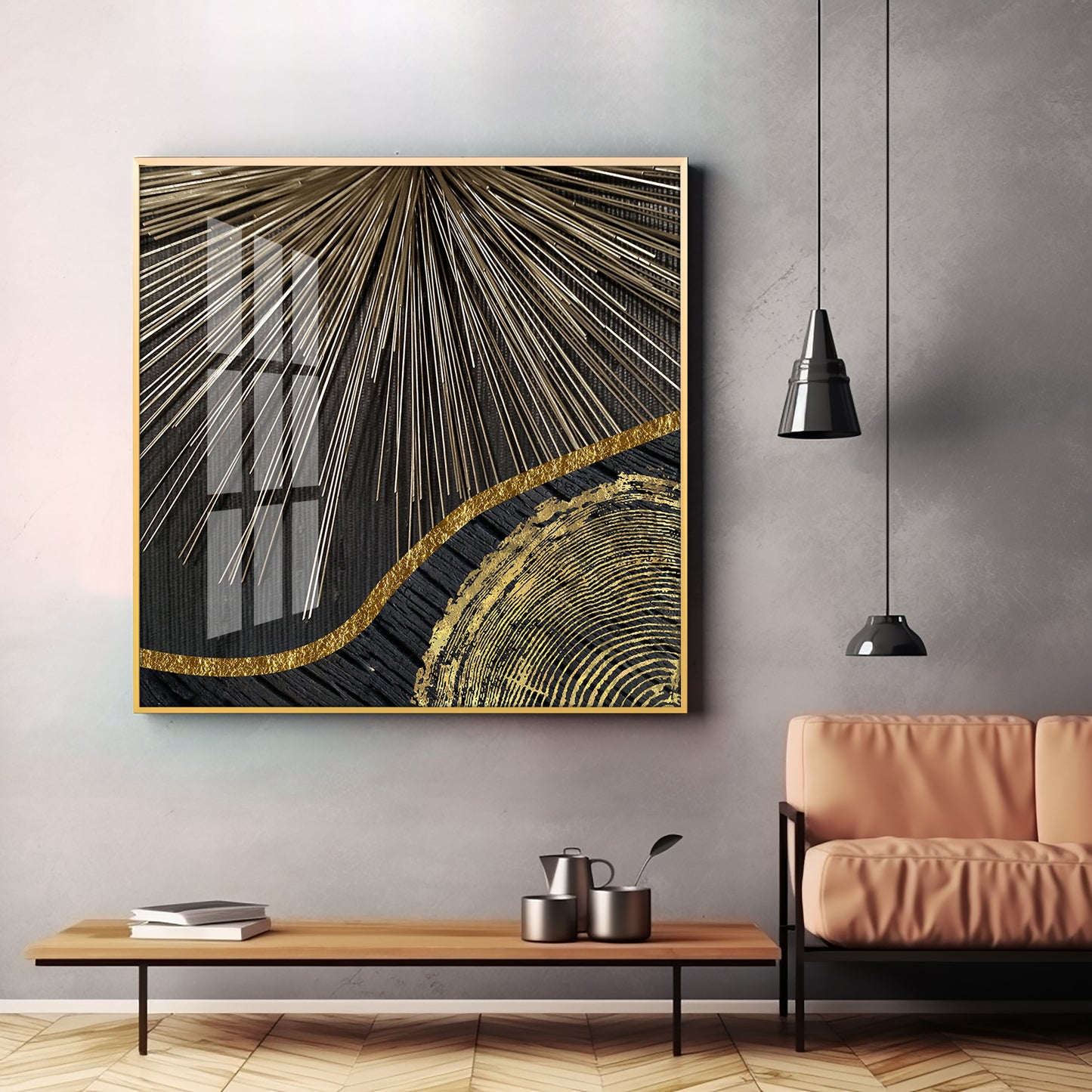Golden Black Wood Tree Rings Premium Acrylic Square Wall Art