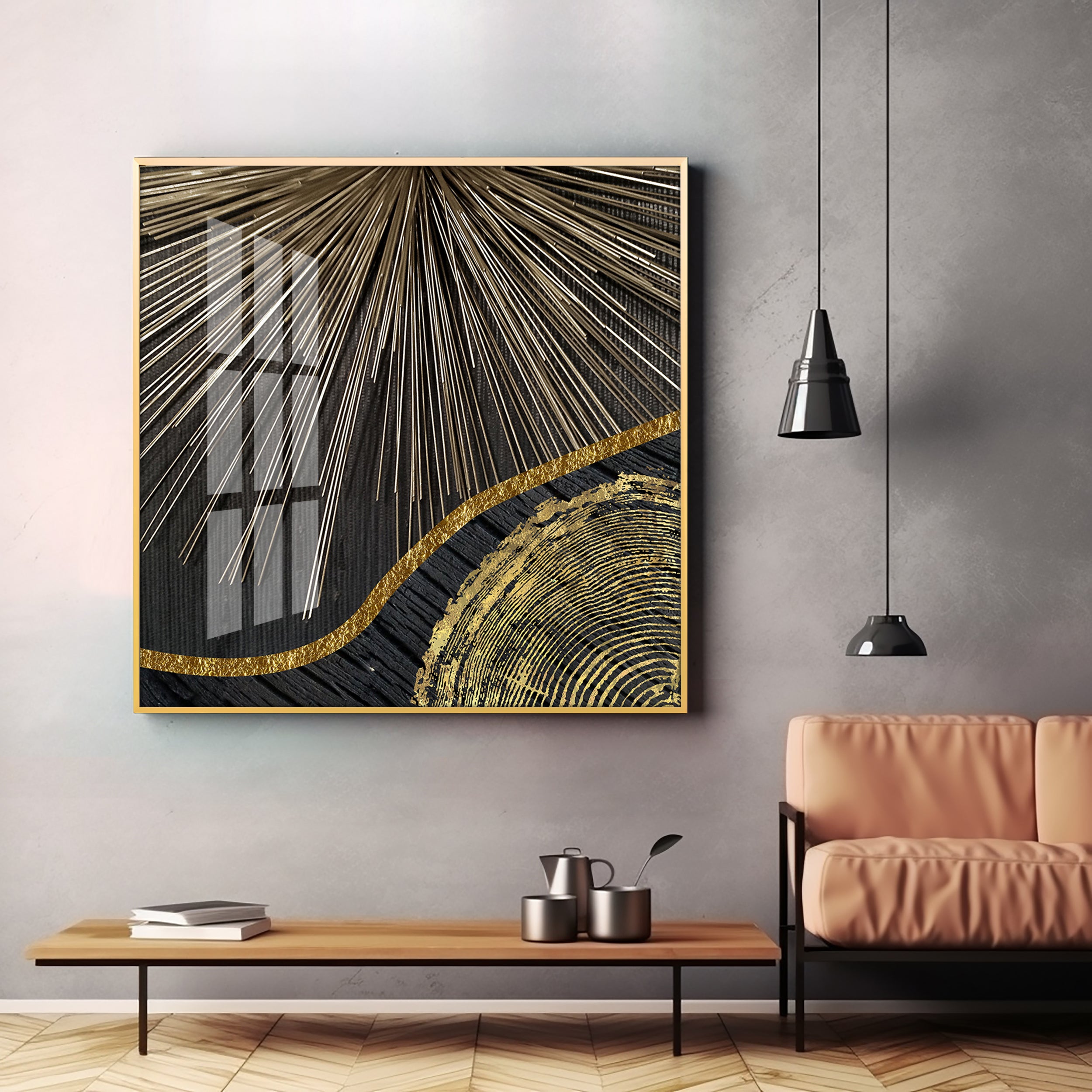 Golden Black Wood Tree Rings Premium Acrylic Square Wall Art