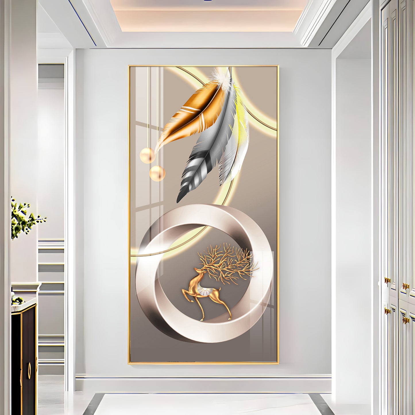 Deer With Gold & Silver Feather Premium Acrylic Vertical Wall Art