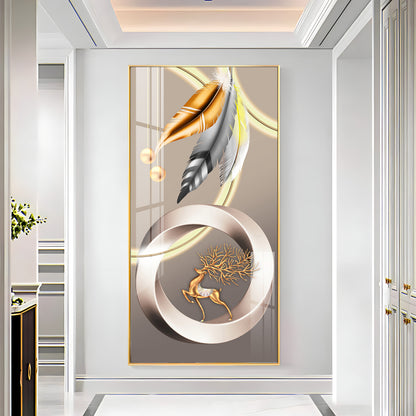 Deer With Gold & Silver Feather Premium Acrylic Vertical Wall Art