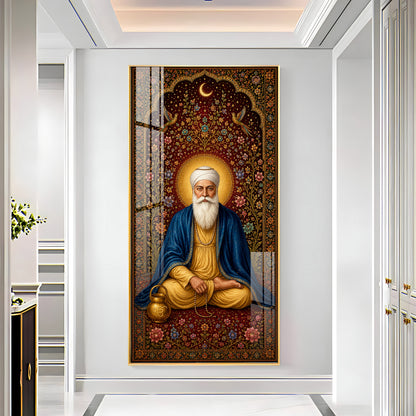 Guru Nanak Dev Ji Seated Meditation Blue Shawl Premium Acrylic Vertical Wall Art