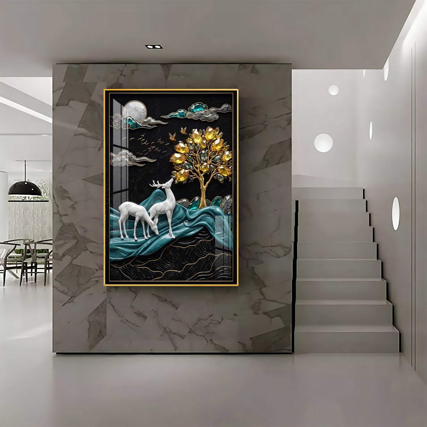 White Deers With Golden Tree Premium Acrylic Vertical Wall Art