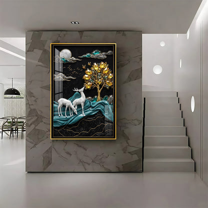 White Deers With Golden Tree Premium Acrylic Vertical Wall Art