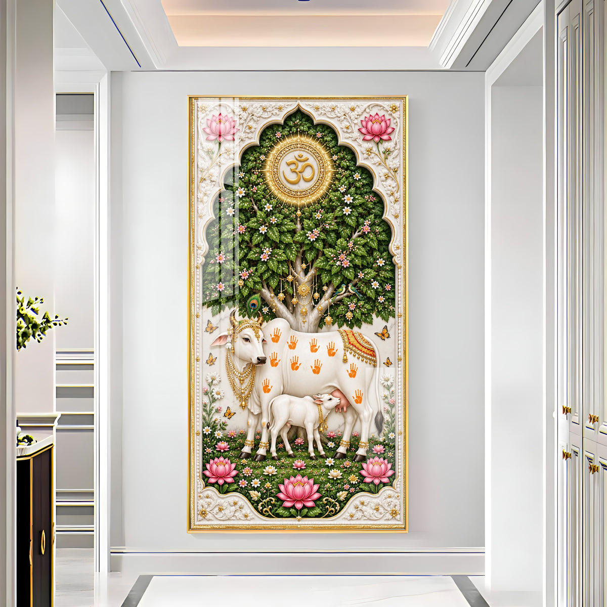 Kamdhenu Cow With Calf Premium Acrylic Vertical Wall Art