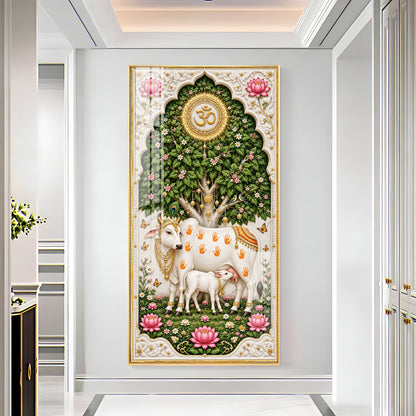 Kamdhenu Cow With Calf Premium Acrylic Vertical Wall Art