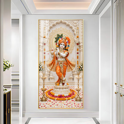 Shri Krishna In Orange Poshak Premium Acrylic Vertical Wall Art