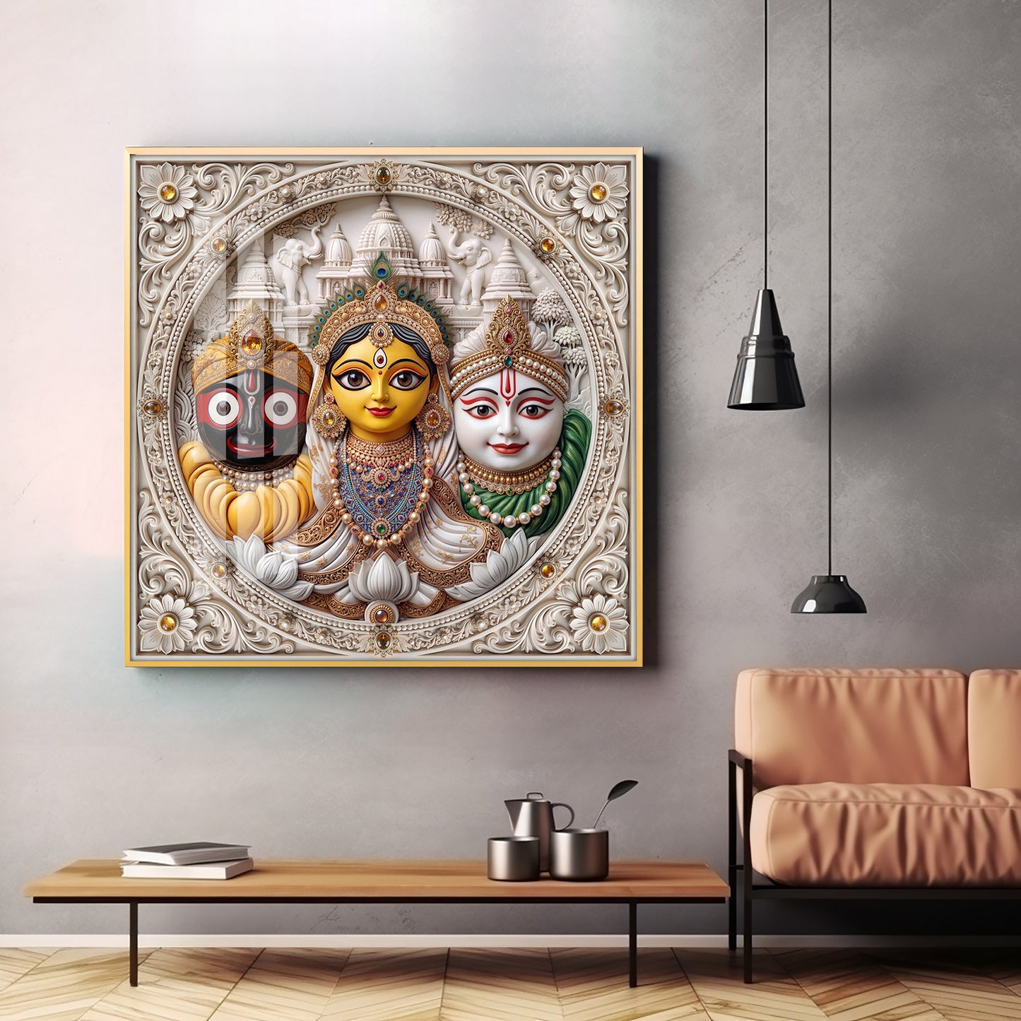 Lord Jagannath, Subhadra, & Balabhadra Premium Acrylic Square Wall Art