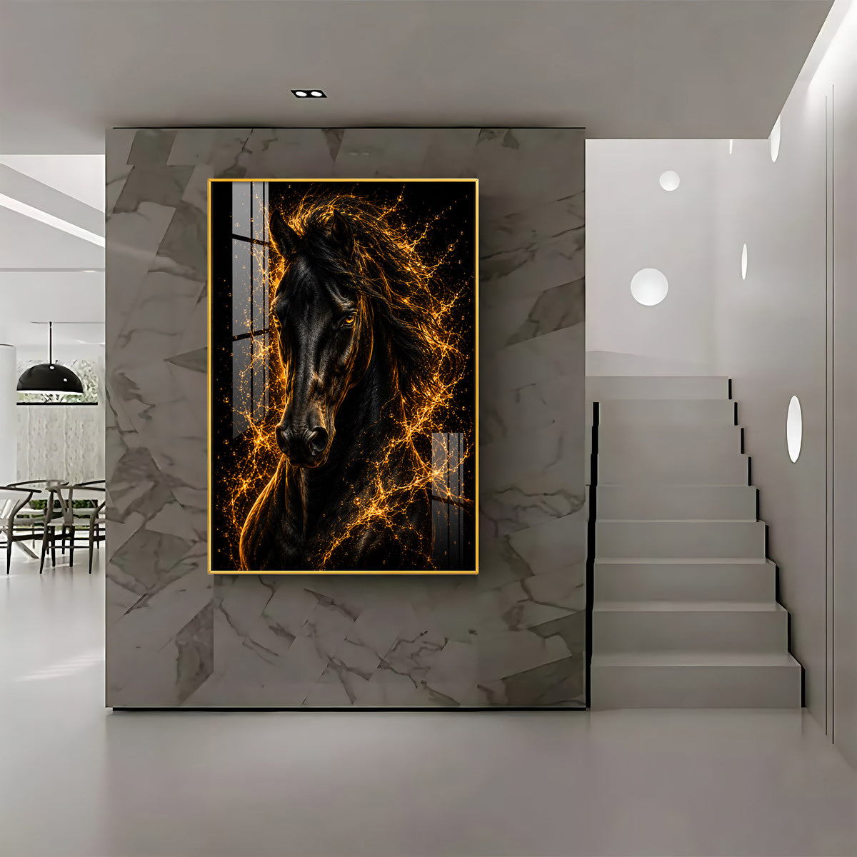 Fiery Golden Black Stallion Premium Acrylic Vertical Wall Art