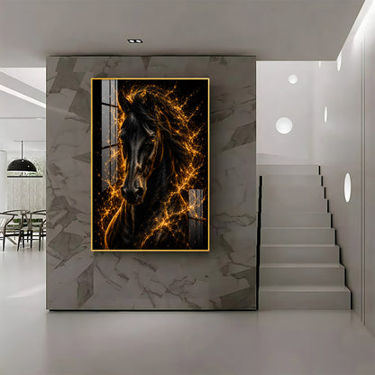 Fiery Golden Black Stallion Premium Acrylic Vertical Wall Art
