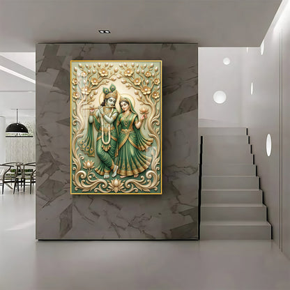 Radha Krishna With Green Background Premium Acrylic Vertical Wall Art