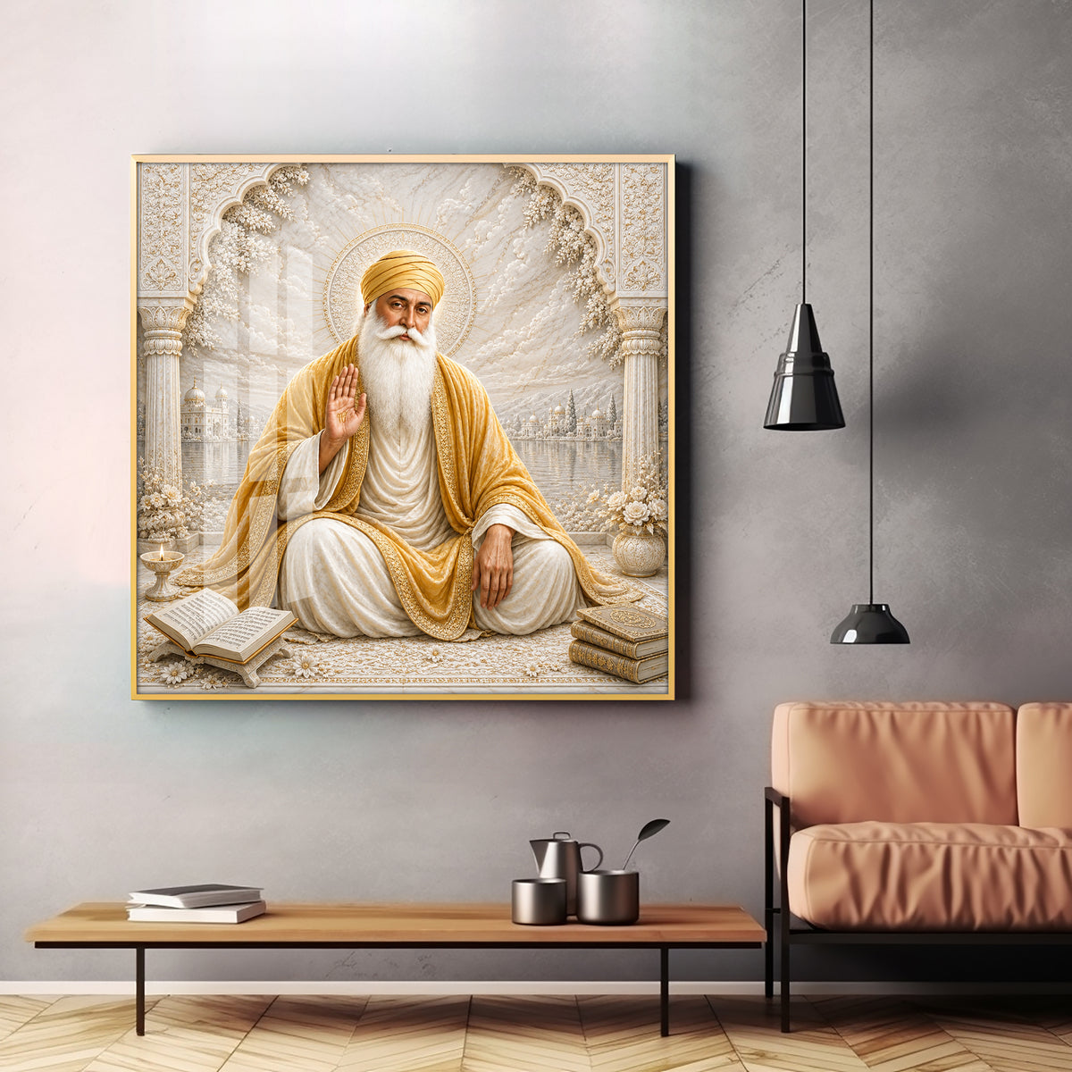 Guru Nanak Devji In Golden Shawl Premium Acrylic Square Wall Art