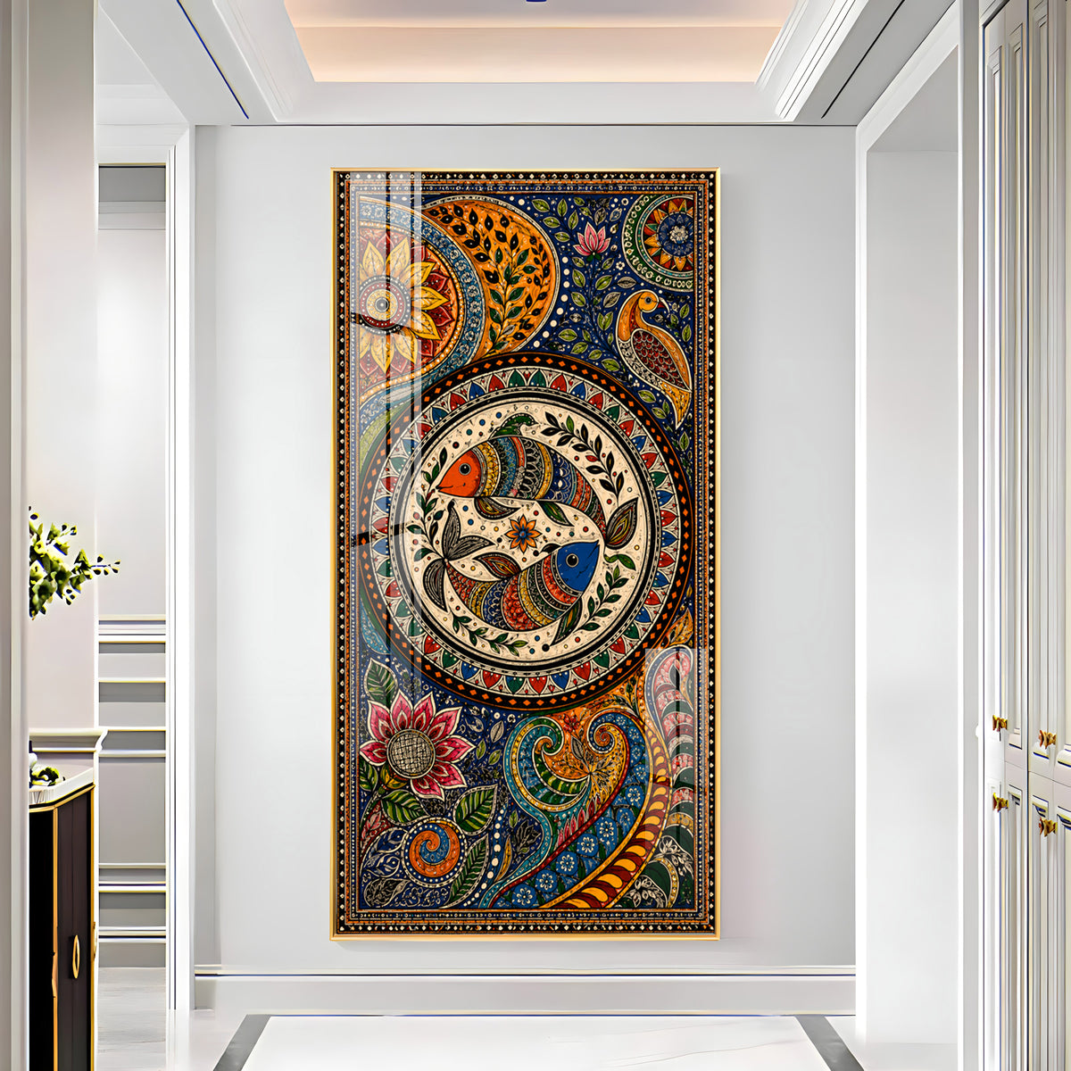 Traditional Folk Art Dual Fish & Floral Mandala Premium Acrylic Vertical Wall Art