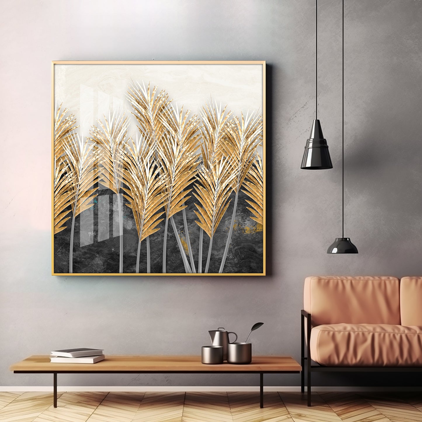 Golden Leafs Plant Premium Acrylic Square Wall Art