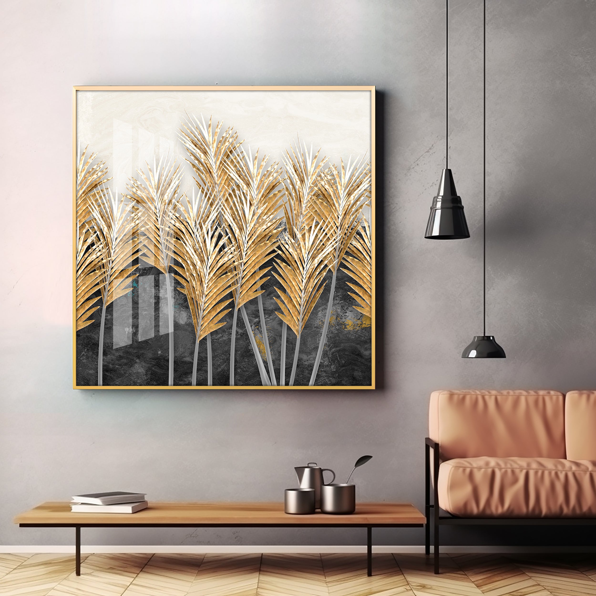Golden Leafs Plant Premium Acrylic Square Wall Art