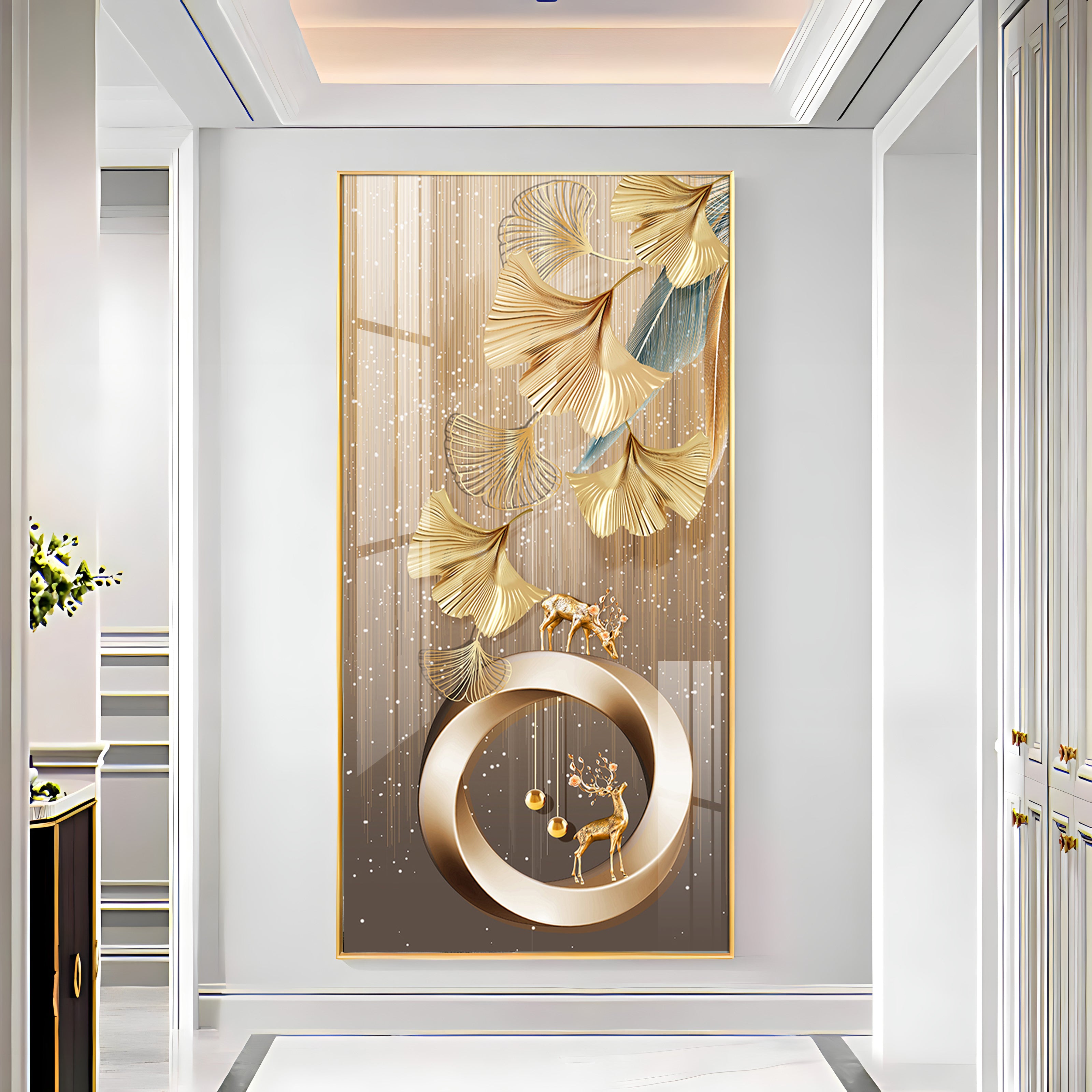 Golden Deer With Leaf Premium Acrylic Vertical Wall Art