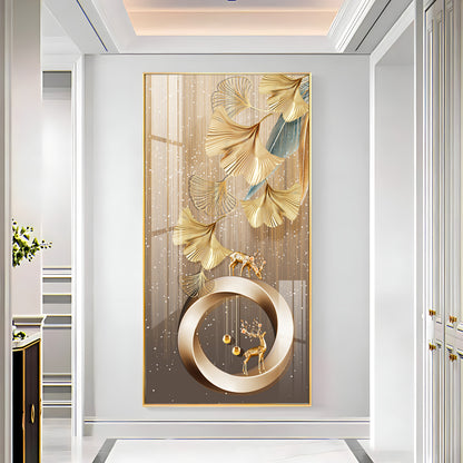 Golden Deer With Leaf Premium Acrylic Vertical Wall Art