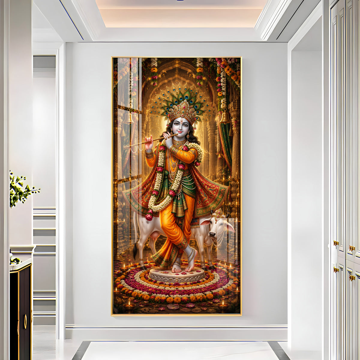 Divine Lord Krishna with Kamadhenu Cow Premium Acrylic Vertical Wall Art