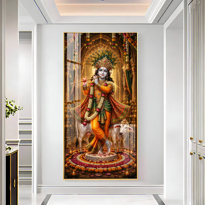Divine Lord Krishna with Kamadhenu Cow Premium Acrylic Vertical Wall Art