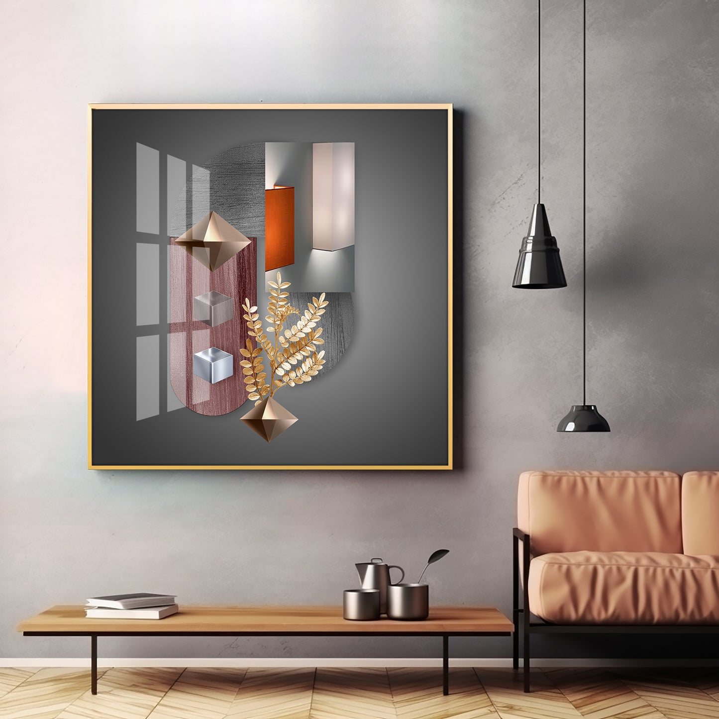 Geometric Designs With Gold Leaf Premium Acrylic Square Wall Art