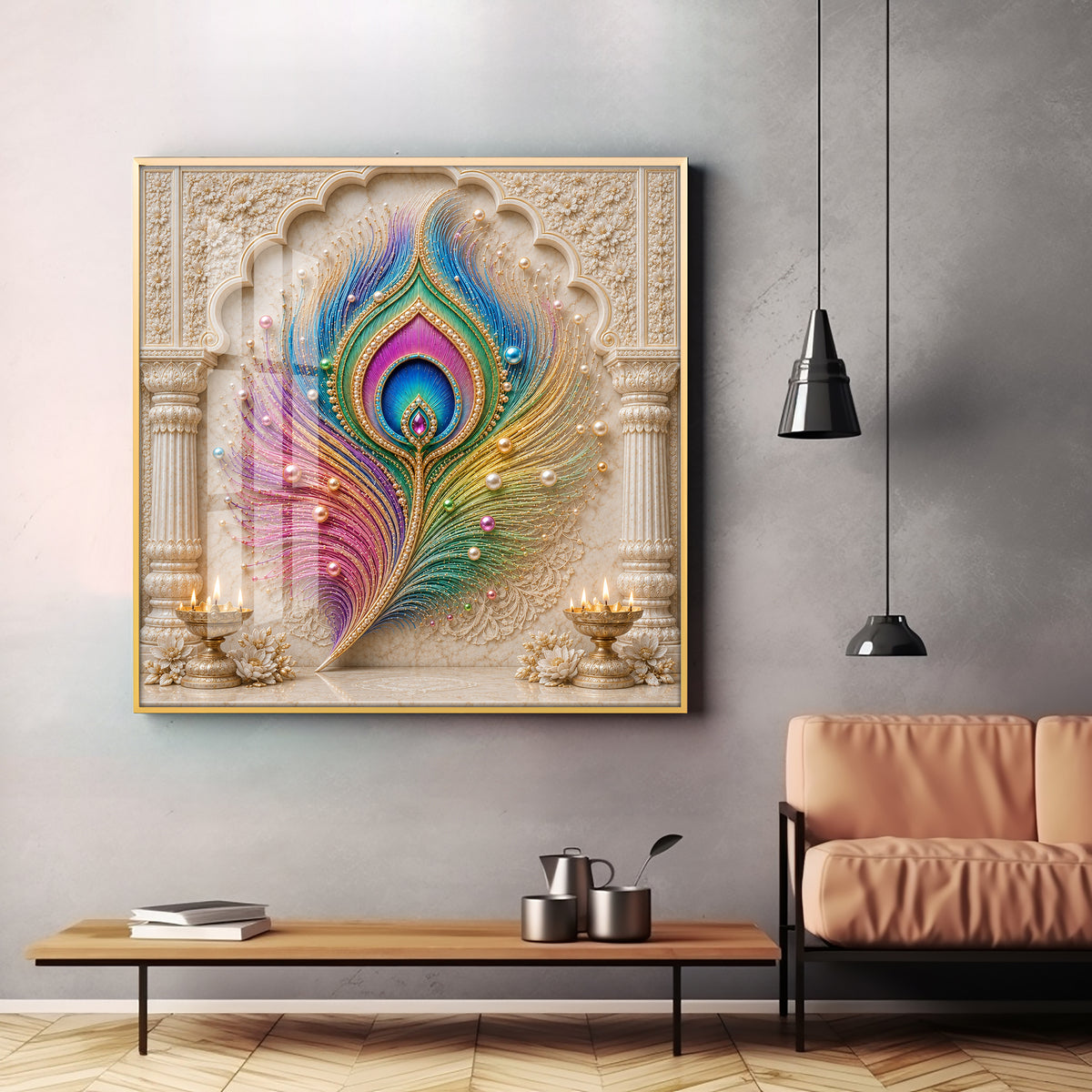 Colorful Peacock Feather Premium Acrylic Square Wall Art