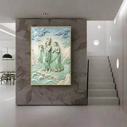 Krishna Playing The Flute Beside Radha Premium Acrylic Vertical Wall Art
