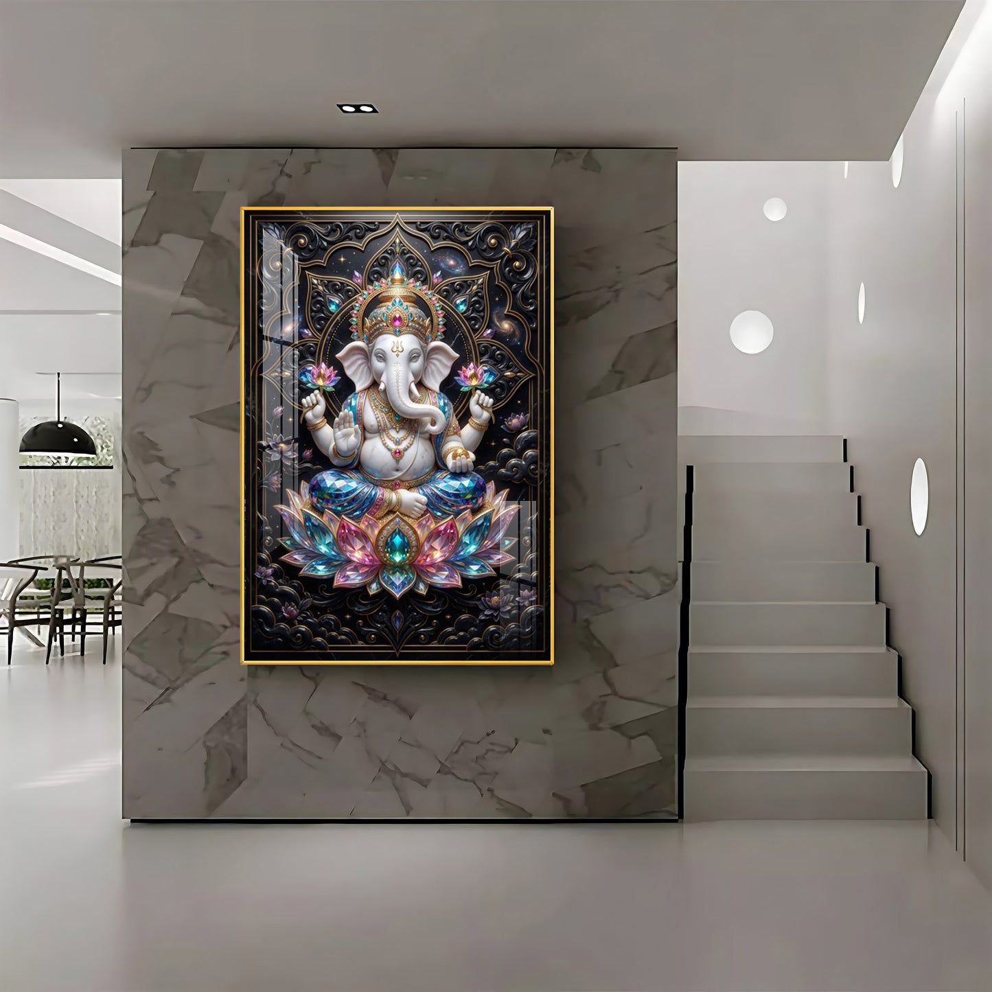 Lord Ganesha Seated On A Lotus Throne Premium Acrylic Vertical Wall Art