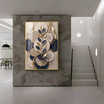 Luxury Navy Blue & Gold Leaves Premium Acrylic Vertical Wall Art