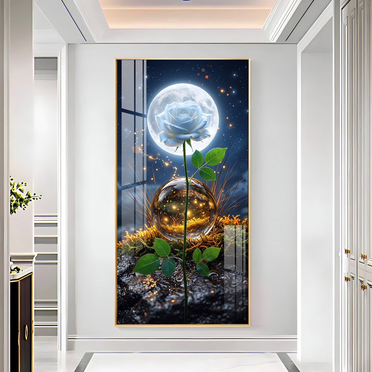 Luminous White Rose with Full Moon Premium Acrylic Vertical Wall Art