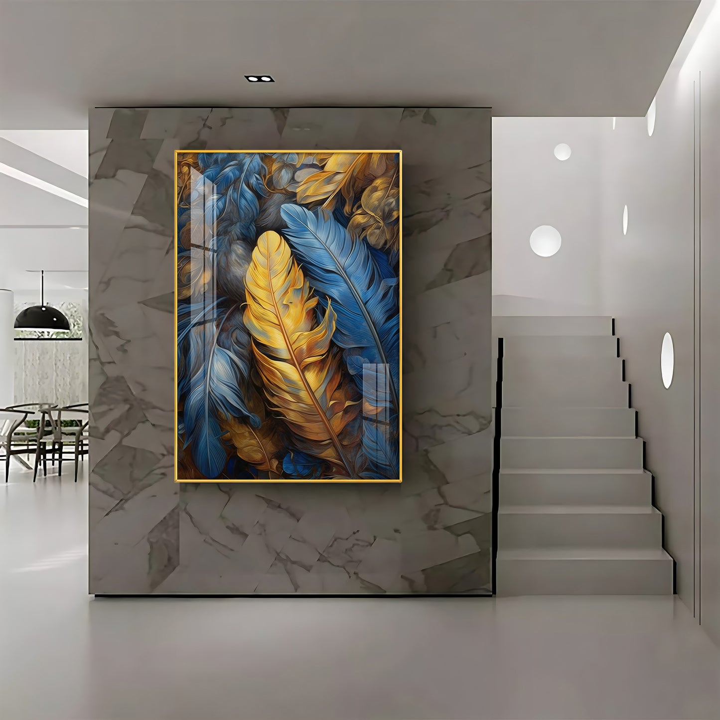 Blue & Yellow Feathers Premium Acrylic Vertical Wall Art