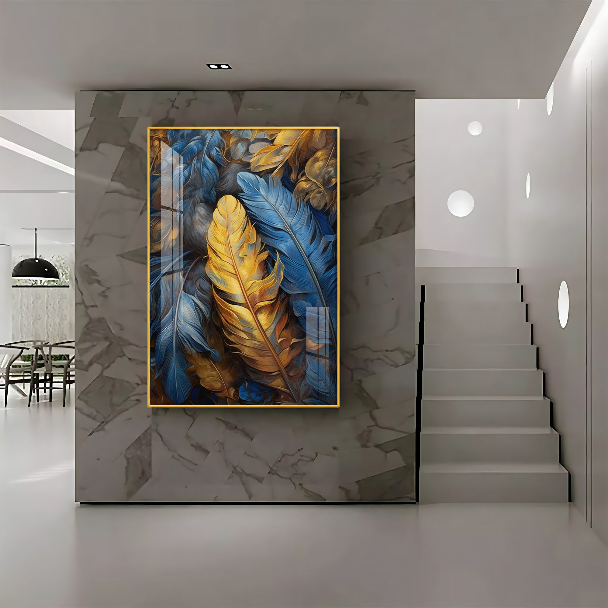 Blue & Yellow Feathers Premium Acrylic Vertical Wall Art
